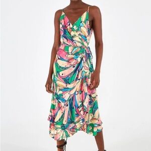 Farm Rio Rainbow Banana Wrap Dress in Pink and Green